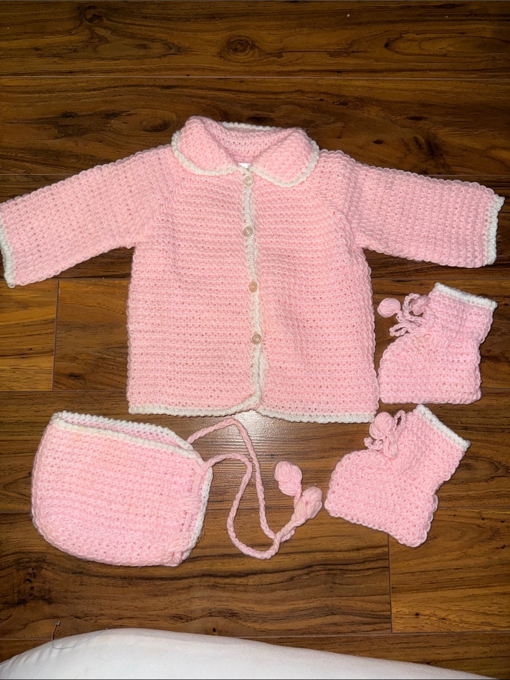 Vintage 70s Handmade Pink knit/Crochet Baby Set with Booties and Bonnet